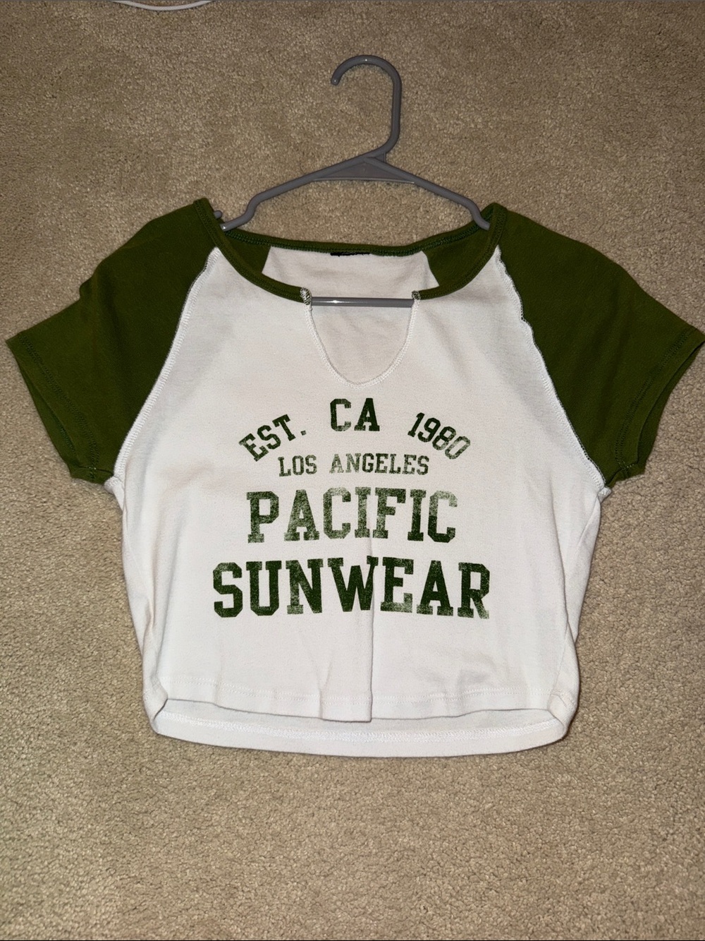 Hollister White Crop Tee with Olive Green Raglan Sleeves and Logo